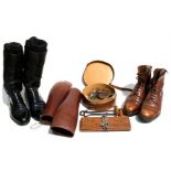 Colonel J.C. Denny, His black leather cavalry boots, brown leather shoes, leather gaiters, spurs,