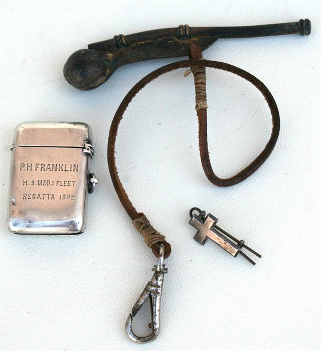 A Victorian vesta case, engraved 'P H Franklin H S Med Fleet Regatta, 1892; a bosun's whistle and