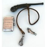 A Victorian vesta case, engraved 'P H Franklin H S Med Fleet Regatta, 1892; a bosun's whistle and