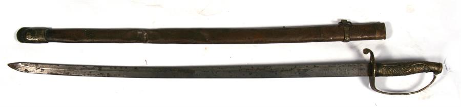 A 20th century Chinese cavalry sword with etched blade in its brass scabbard. Blade length 67cms (