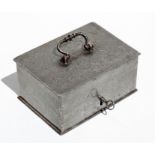 A 19th century steel strong box with key, 14cms (5.5ins) wide.