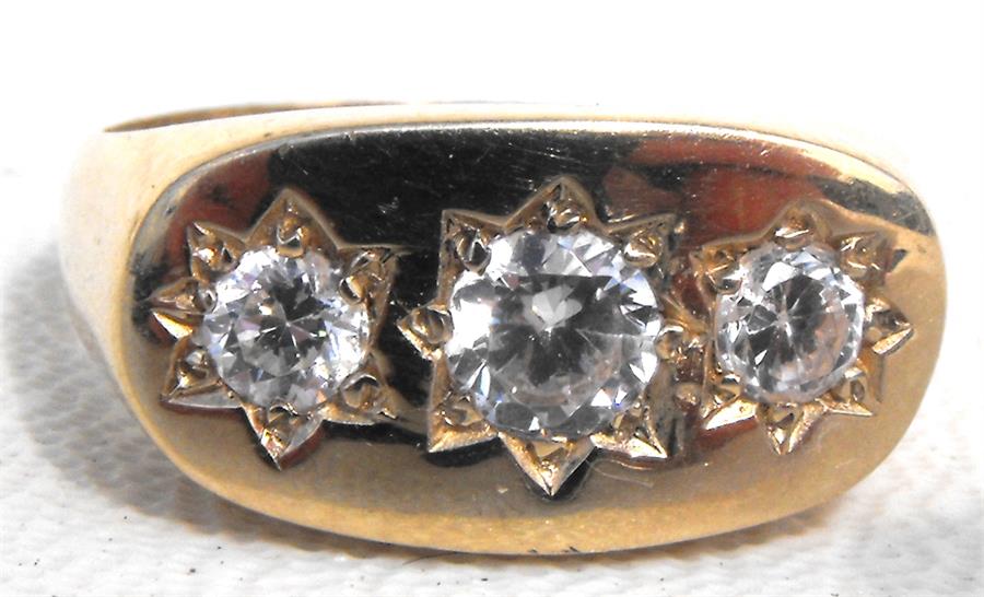 A 9ct gold ring set with three white stones, approx UK size R.