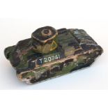 A hand carved and painted model of a WW2 Matilda tank. Having a revolving turret. Length 15cms (