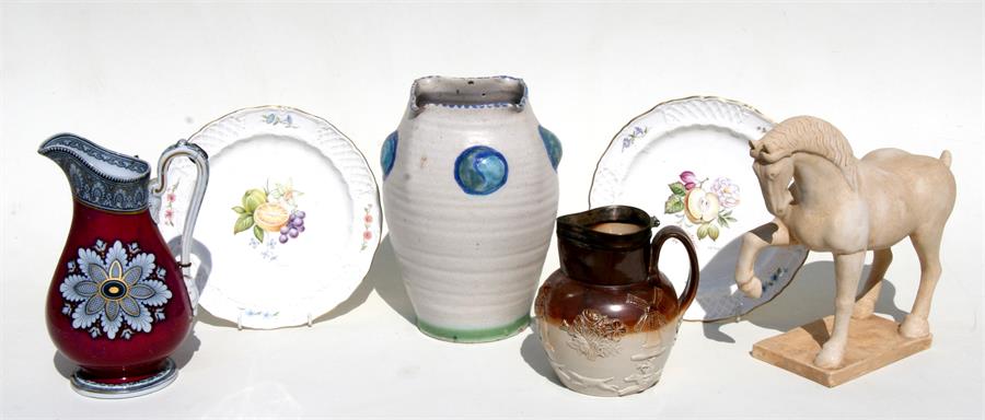 A pair of Royal Worcester plates decorated with fruit and signed 'M Holloway'; a Honiton Pottery