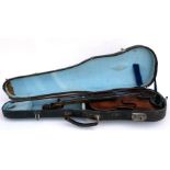 A one-piece back three quarter size violin & bow, 56cms (22ins) long, cased.