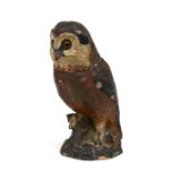 A papier mache pot & cover in the form of an owl perched on a branch, possibly an early sweet