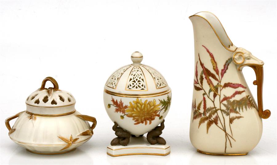 A Royal Worcester potpourri vase & cover, 10cms (4ins) high; a Grainger & Co Worcester reticulated