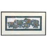 An Indian painting on silk depicting a herd of elephants, framed & glazed, 53 by 18cms (21 by