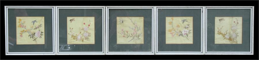 A group of ten Chinese silk embroidered panels, each decorated with birds, insects and flowers, - Image 2 of 3