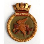 A hand painted aluminium ships crest or plaque to the WWII Royal Navy submarine HMS Trespasser, 23