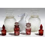 A pair of 19th century continental glass vases, 30.5cms (12ins) high; together with a pair of ruby