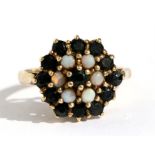 A 9ct gold sapphire & opal cluster ring, approx UK size 'O'.