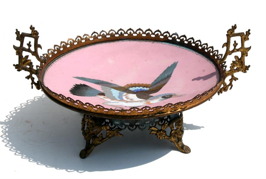 A late 19th century Japanese cloisonne plate decorated with a central bird on a pink ground, later - Image 2 of 2