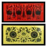 A pair of textile panels decorated with Eastern designs, initialled 'SB', framed & glazed, 39 by