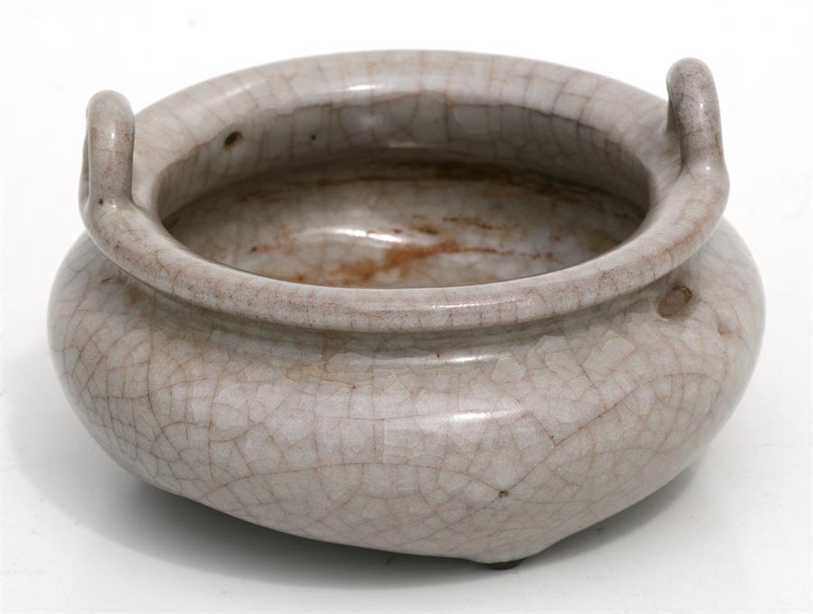 A Chinese crackle glaze two-handled censer of compressed circular form, 12cms (4.75ins) diameter. - Image 2 of 8