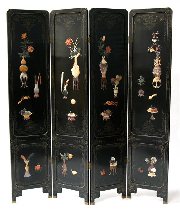 A 20th century Chinese black lacquer four-fold screen, one side inlaid with hardstone and
