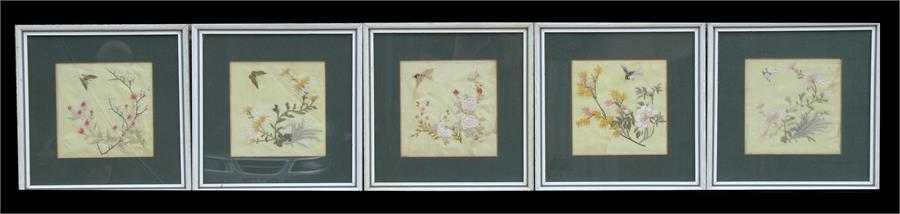 A group of ten Chinese silk embroidered panels, each decorated with birds, insects and flowers, - Image 3 of 3