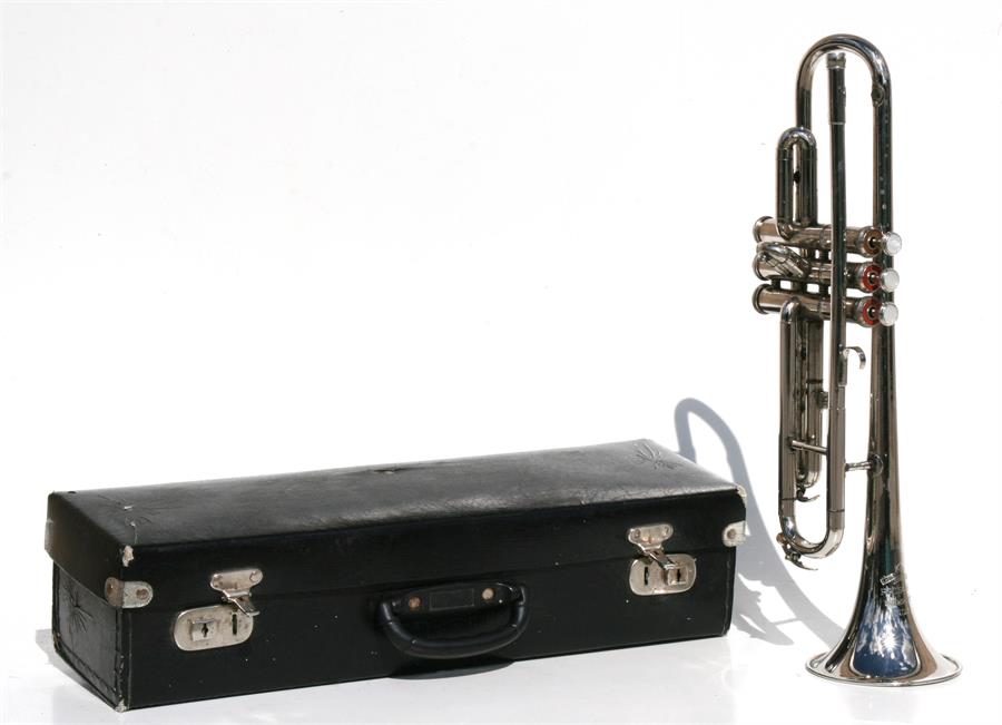 A Raison's silver plated trumpet, cased, 47cms (18.5ins) long.