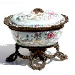 A 19th century famille rose bowl and cover with gilt metal stand and mounts, 34cms (13.75ins)