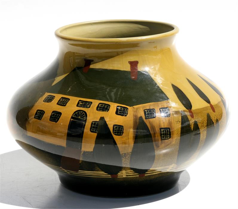 A Sarah Akin-Smith pottery vase decorated with a country house in a landscape, 17cms (6.25ins)