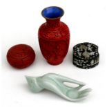 A Chinese cinnabar lacquer vase; a cinnabar lacquer pot & cover; a Chinese mother of pearl inlaid