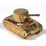 A WW2 brass vesta in the form of a tank. 9.5cms (3.75ins) long by 4.5cms (1.75ins) wide and 5cms (