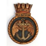 A Royal Navy hand painted bronze ships crest or plaque from the WWII Black Swan class sloop HMS