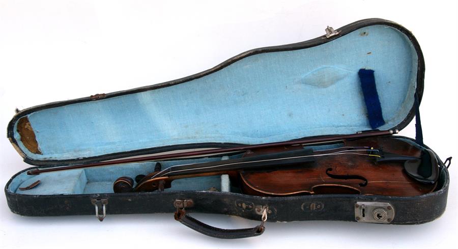 A one-piece back three quarter size violin & bow, 56cms (22ins) long, cased.