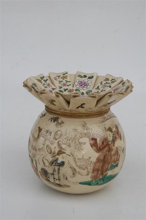 A late 19th century Japanese Satsuma vase in the form of a tied bag, decorated with figures in a - Image 4 of 4