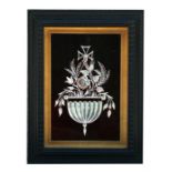 A Victorian silvered flashed glass panel depicting a hanging vase with flowers, framed, 19 by