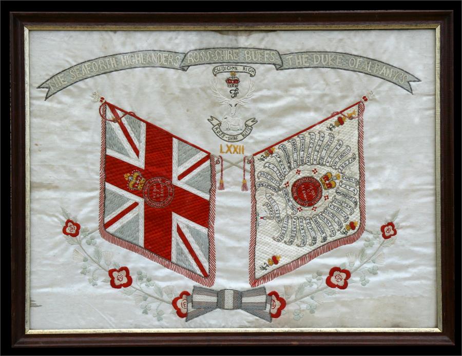 A framed and glazed Victorian silk embroidery to the Ross-Shire Buffs 72nd Regiment of Foot the Duke