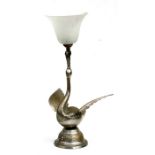 An Indian plated brass table lamp in the form of a swan, 43cms (17ins) high.