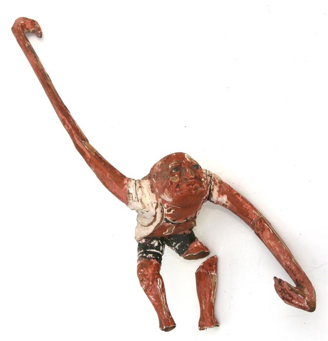 A Japanese carved wooden and gesso figure of a hanging monkey, 58.5cms (233ins) high.