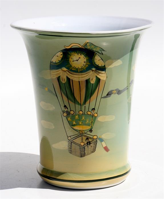 A Sarah Akin-Smith pottery vase decorated with balloonists, 20cms (8ins) high.