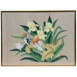 A large Chinese watercolour on silk depicting a bird, butterfly and flowers, framed & glazed, 116 by