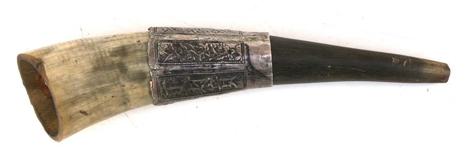 A Chinese horn powder flask with white metal mount, decorated with flowers and calligraphy, 19cms (