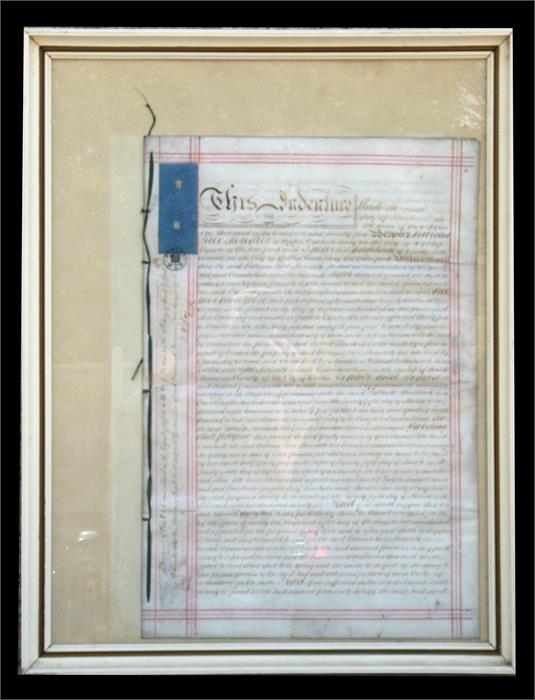 A Victorian Irish Indenture, stamped 'Dublin 22.3.75', framed & glazed, 34 by 51cms (13.25 by - Image 2 of 2