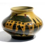 A Sarah Akin-Smith pottery vase decorated with a country house in a landscape, 17cms (6.25ins)