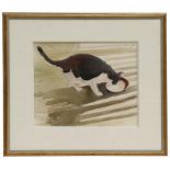 Barbara Barry - Black & White Cat Drinking Milk from a Bowl - signed lower left, watercolour, framed