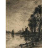 Early 20th century Continental School - River Scene with Windmill - charcoal on paper, mounted but