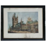 W Monk - Cathedral Scene - coloured etching, framed & glazed, 68 by 46cms (26.75 by 18ins).