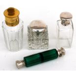 A Victorian green glass double ended scent bottle; a silver mounted inkwell; and two dressing