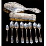 A group of silver teaspoons; together with two silver backed brushes.