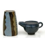 A Sheila Casson salt glazed Studio Pottery vase, 16cms (6ins) high; together with a similar jug,