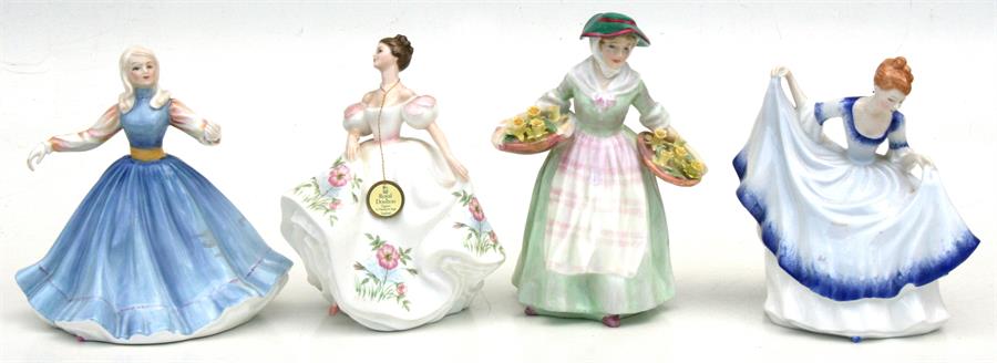 Four Royal Doulton figures to include 'Daffy Down Dilly' HN1712; 'Pamela' HN3223; 'Lucy' HN3653