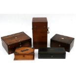 A Victorian rosewood box; a mahogany box; an oak cigarette box; and other boxes (5).