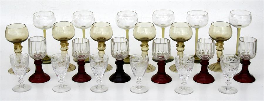 A set of etched hock glasses; together with a quantity of glass sets.