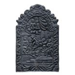 A cast iron fire back decorated in relief with figures, 50cms (19.75ins) wide.