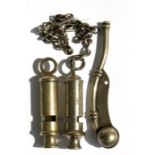 WW2 whistles: a military stamped Royal Navy bosuns whistle with a military stamped Army whistle