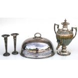 A silver plated meat dome, 36cms (14ins) wide; together with a silver plated samovar, 37cms (14.